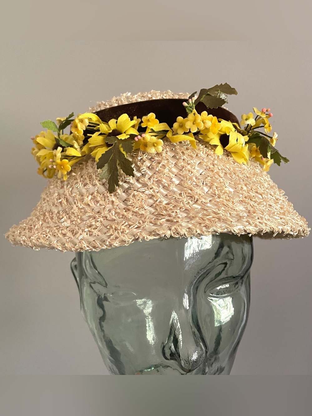 Vintage Straw Cloche Hat Velvet Bow & Flowers Trim - O/S